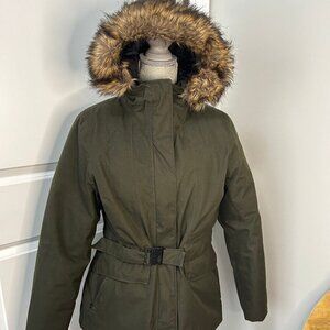 Women's North Face Mirabella Belted Hooded Down Jacket Green Size LG